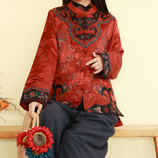 复古民族风重工刺绣夹棉衣外套女冬季 盘扣立领棉服宽松中国风袄子