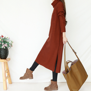 森女系 打底长裙子宽松内搭打底衫 复古文艺范高领连衣裙秋冬季 长款