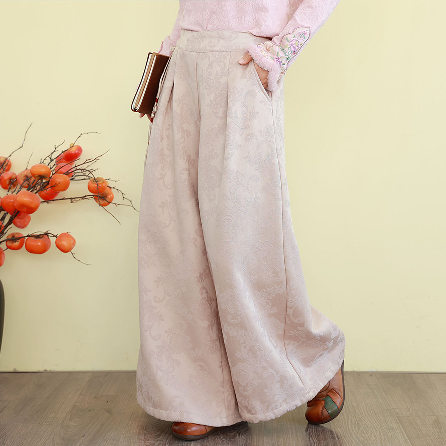 复古文艺棉麻加绒棉裤女士冬季加厚阔腿裤宽松提花刺绣休闲长裤子