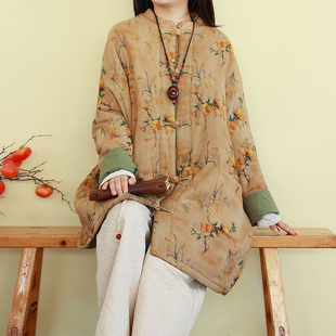 复古印花棉衣外套女冬季中长款加厚夹棉保暖棉服宽松袄子盘扣茶服