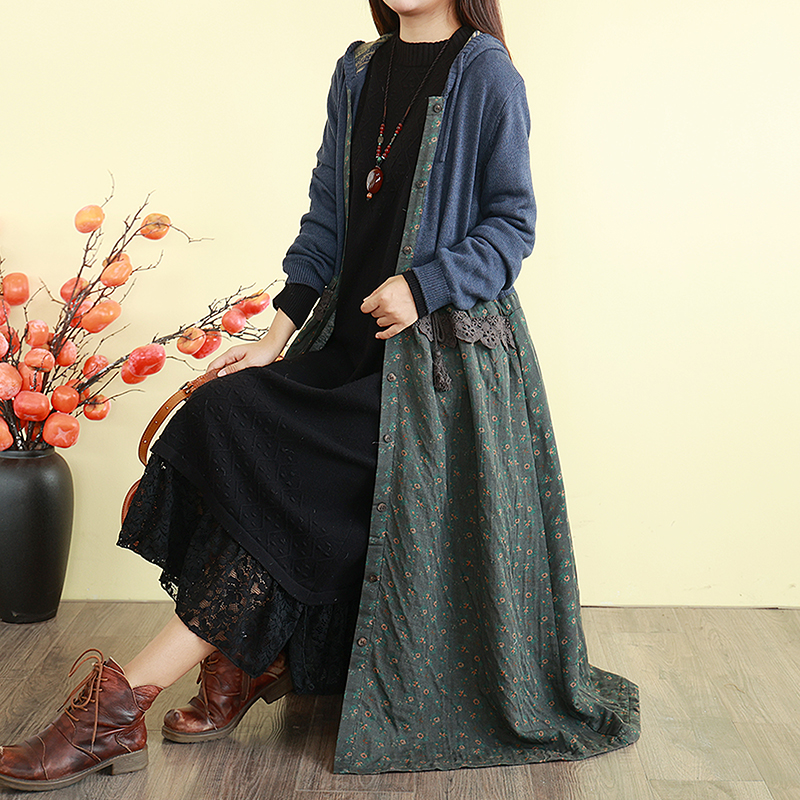 连帽加长款风衣外套针织亚麻棉