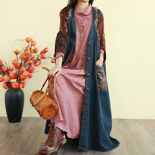 大衣女森系 慵懒风宽松大版 复古文艺牛仔风衣外套针织秋季 长款