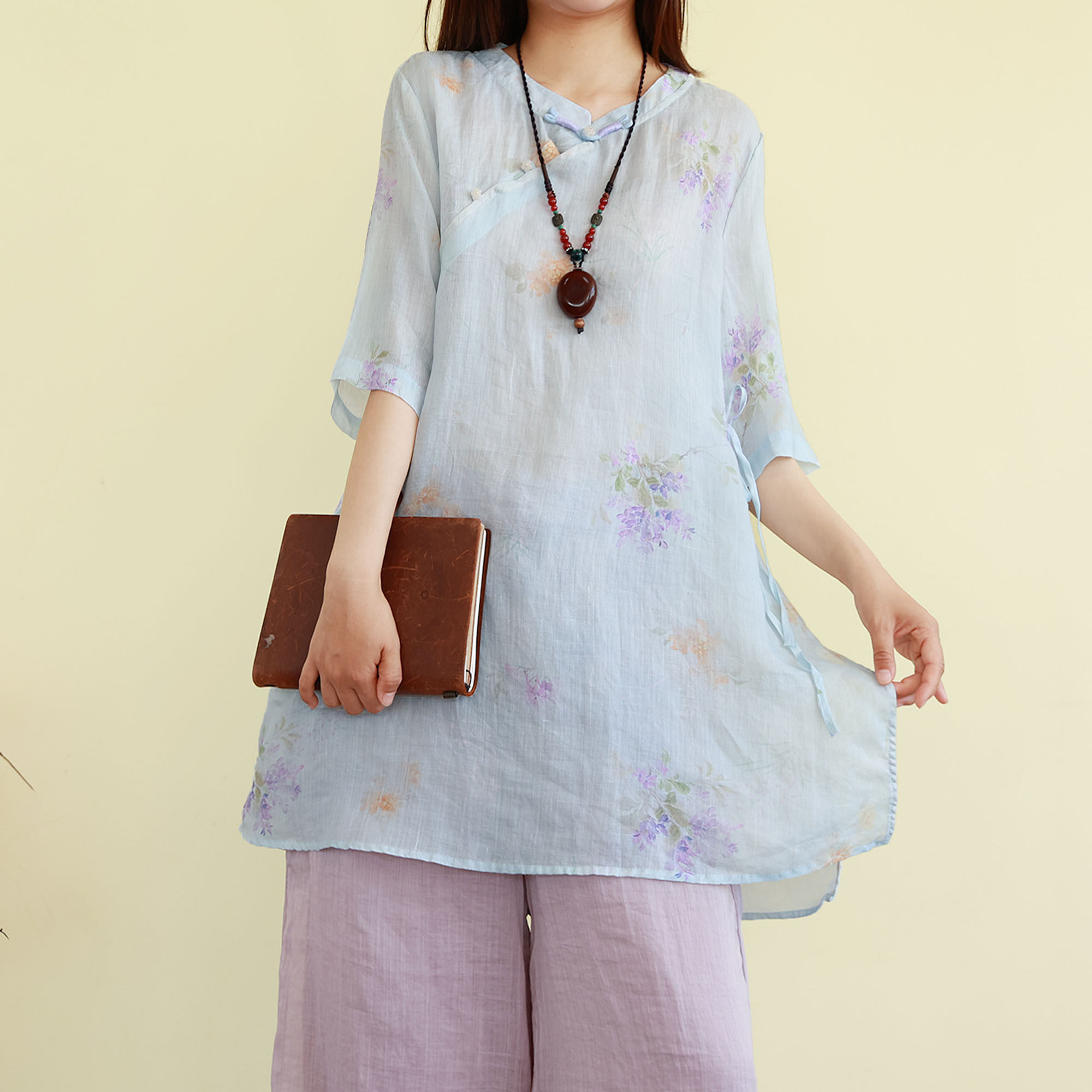 夏季新中式苎麻印花茶服禅意衬衫