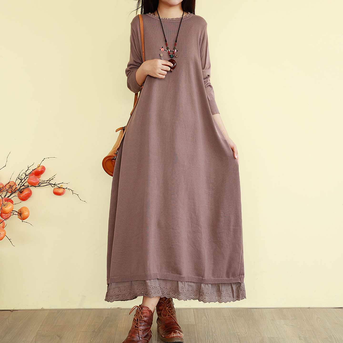 复古文艺纯色针织棉连衣裙女春秋长款过膝宽松显瘦裙子打底衫简约,女装/女士精品,连衣裙,淘宝优惠券,粉丝福利购,淘宝优惠卷