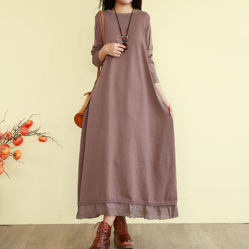 复古文艺纯色针织棉连衣裙女刺绣