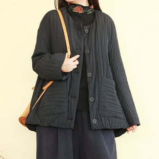 通勤文艺风夹棉加厚棉衣外套女冬季 宽松简约纯色保暖棉服复古袄子