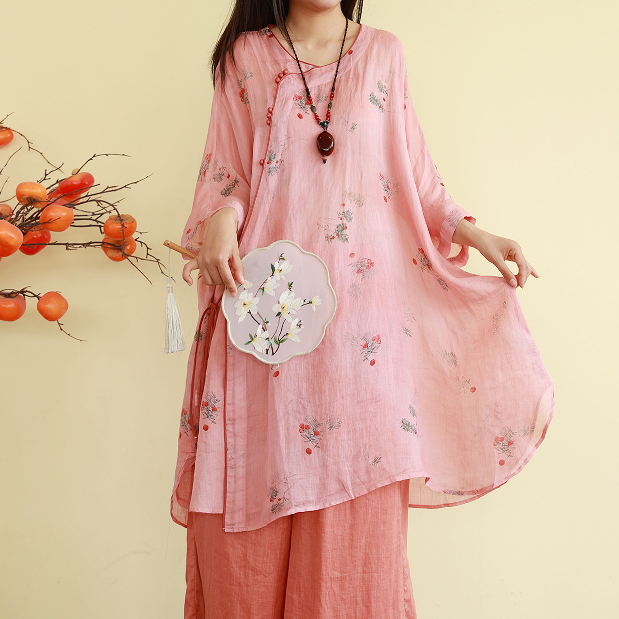 复古新中式苎麻衬衫女夏季中长款大板印花禅意茶服宽松蝙蝠袖上衣