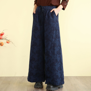 宽松保暖松紧高腰休闲裤 复古提花夹棉加厚棉裤 长款 女冬季 子 阔腿裤