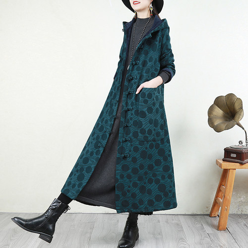 复古加绒加厚长款棉衣