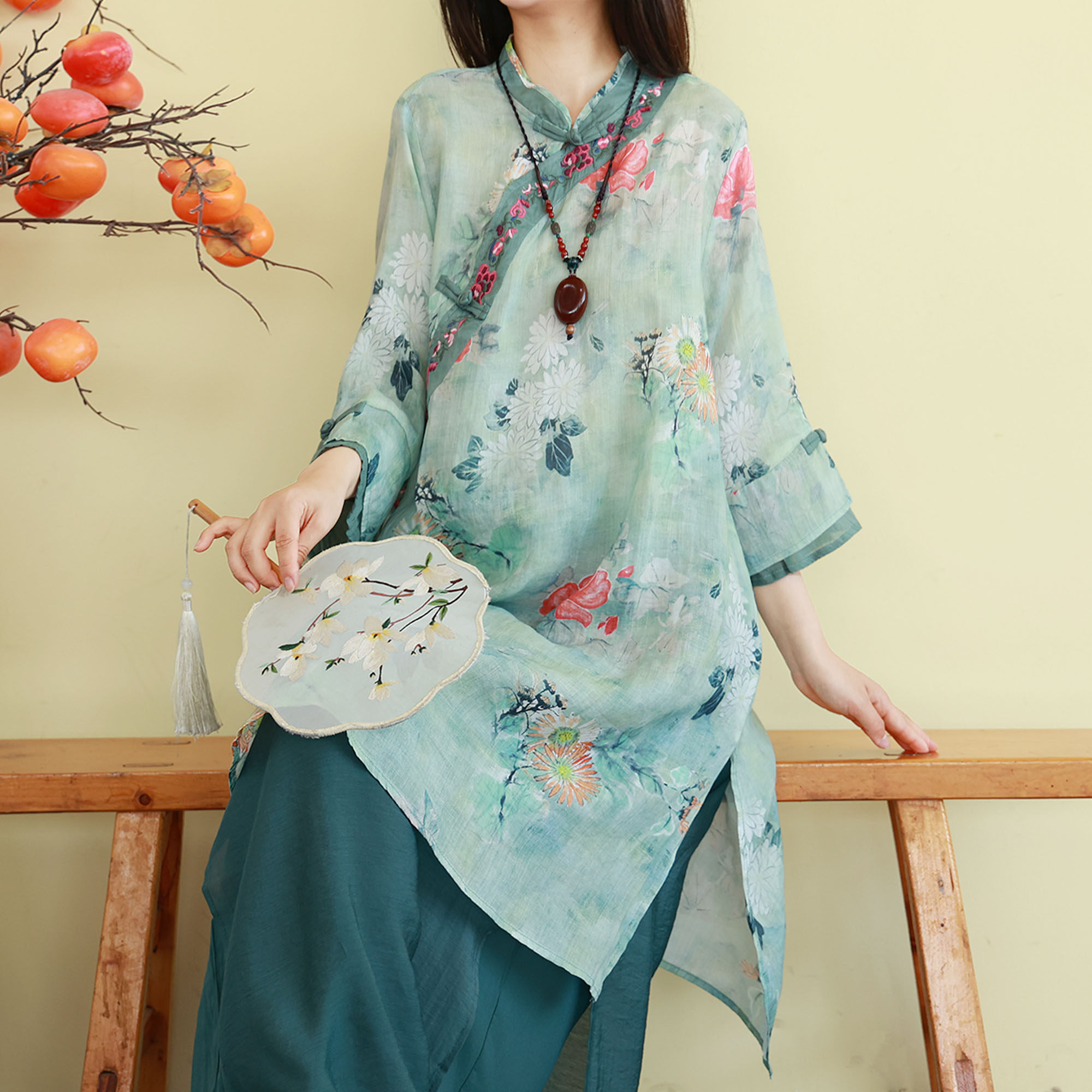新中式苎麻立领印花女衬衫夏茶服