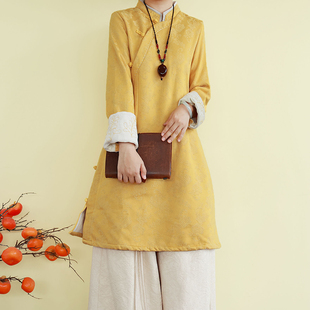 复古民国风亚麻棉加绒衬衫提花刺绣秋冬季宽松茶服中长款立领上衣