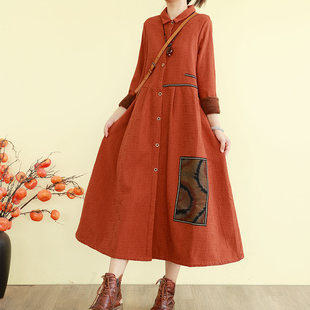 复古文艺加绒棉麻连衣裙女冬季长袖宽松长款衬衫裙子大摆宽松加厚