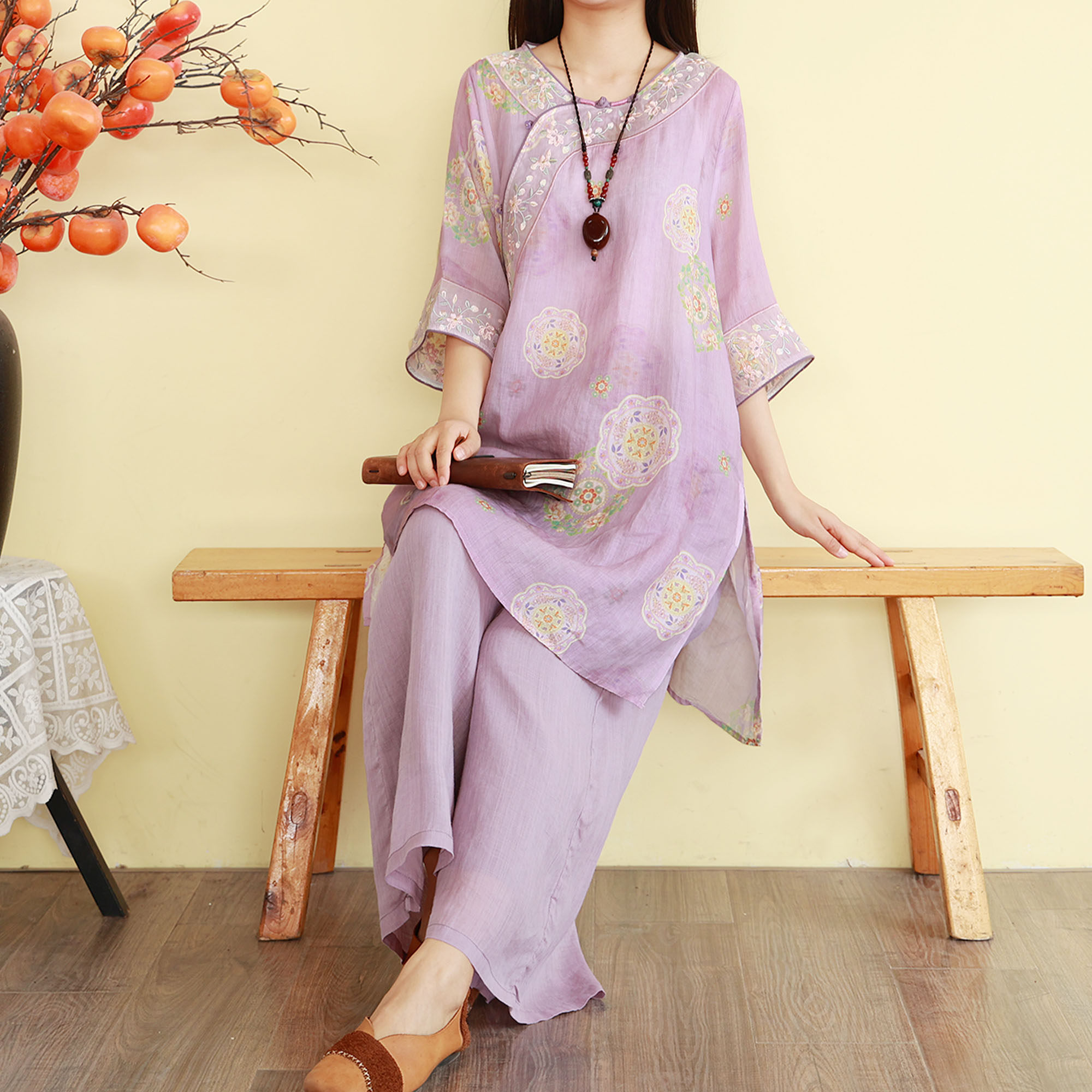 夏季中式苎麻茶服阔腿裤两件套