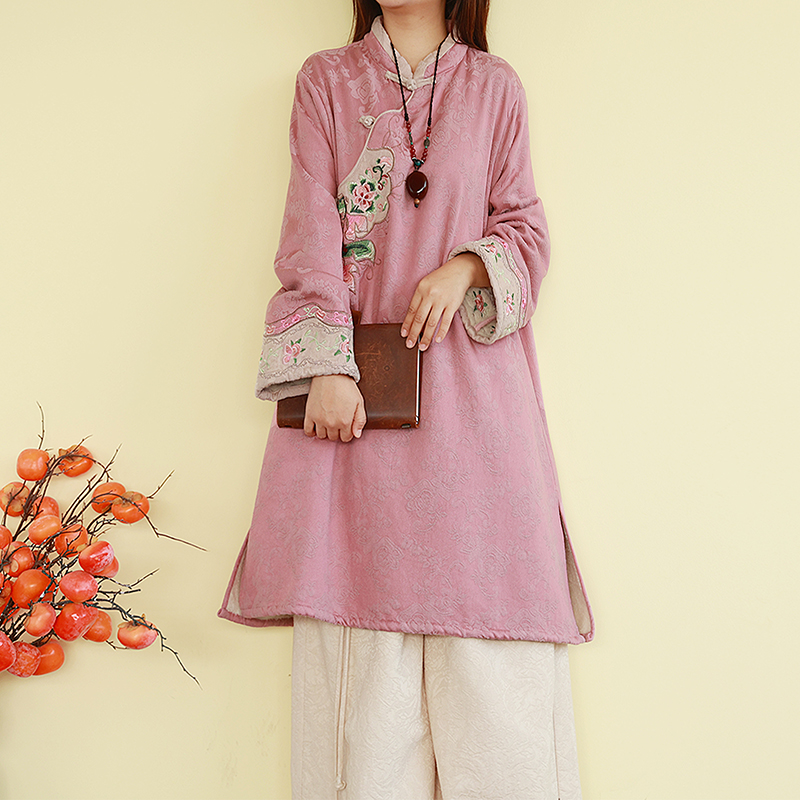 民国风长袖亚麻棉刺绣茶服加绒