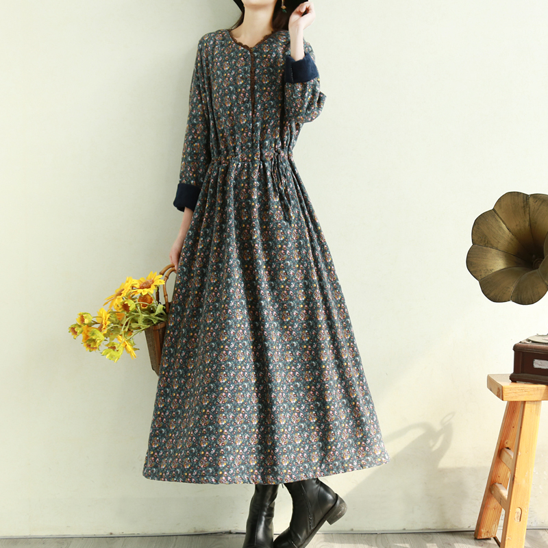 复古文艺加长碎花连衣裙冬季蕾丝