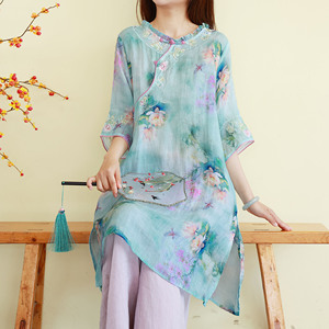 新中式苎麻盘扣刺绣衬衫女夏茶服