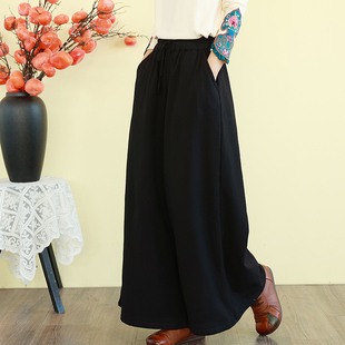 子宽松百搭系带 加绒加厚阔腿休闲长裤 文艺简约柔软亚麻棉裤 女长款