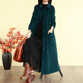 过膝大衣宽松休闲百搭开衫 款 长袖 复古文艺灯芯绒风衣外套女春秋季