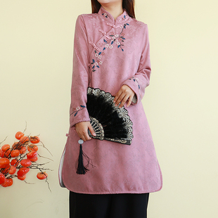 复古中国风亚麻棉加绒提花刺绣衬衫女冬季中长款立领上衣显瘦茶服