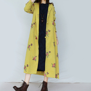 复古文艺中长款风衣外套女秋冬季长袖开衫灯芯绒刺绣宽松连帽上衣