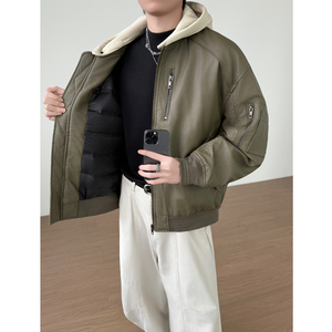 可脱卸帽PU皮羽绒服男装加厚棒球领外套YR803-P260，男装羽绒服，电商D236-1（原A051-1）
