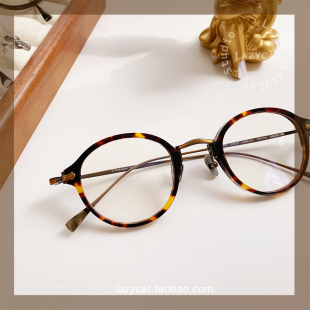 46mm复古圆形纯钛鼻托小脸玳瑁色眼镜框架女近视超轻仅11gKMN182