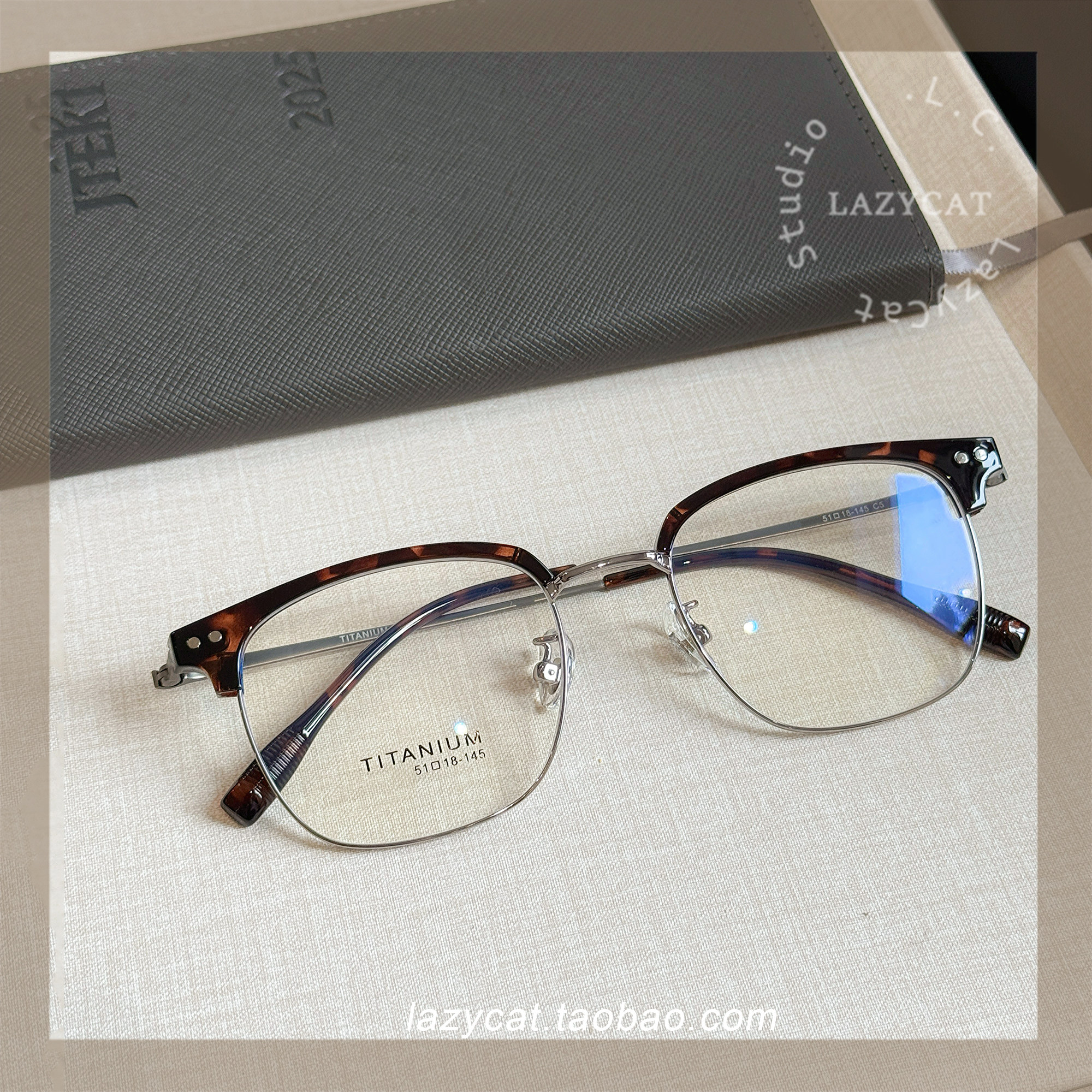 51mm半框近视眼镜架男超轻钛玳瑁色镜架眉线框显脸小女可配度数