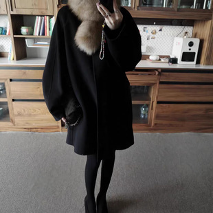 【蘑糯糯同款】黑色短版手工双面羊毛呢大衣圆领皮扣时尚阔羊毛呢