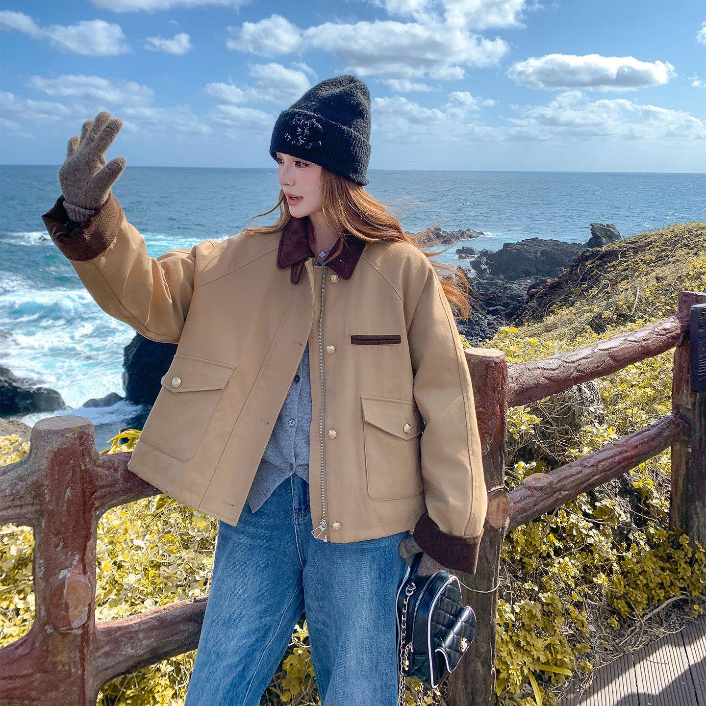 露思同款卡其色美式复古百搭夹克夹棉加厚外套女宽松小个子上衣