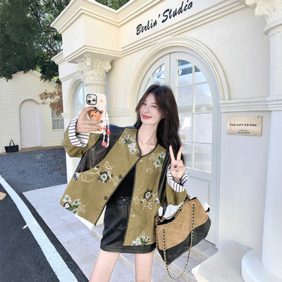 亮片刺绣pu皮拼接短外套女春秋2025新款重要设计感巨好看流行