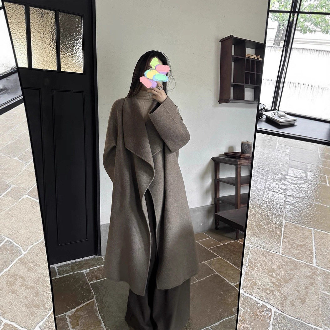 秋冬双面羊绒大衣女新款韩系慵懒风气质大翻领羊毛加长毛呢外套女