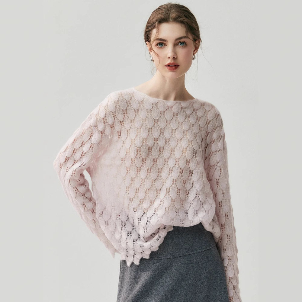 康宝莱纱线~75%山羊绒25%桑蚕丝 薄款毛衣女镂空一字领宽松针织衫