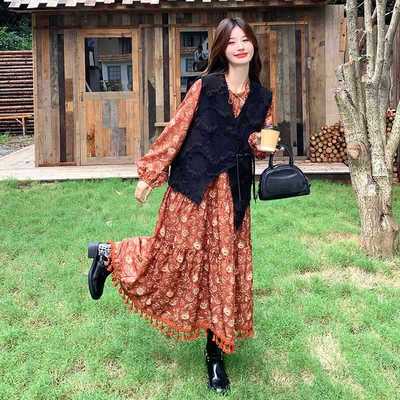 民族风流苏印花长袖连衣裙套装女秋季2025新款显瘦马甲长裙