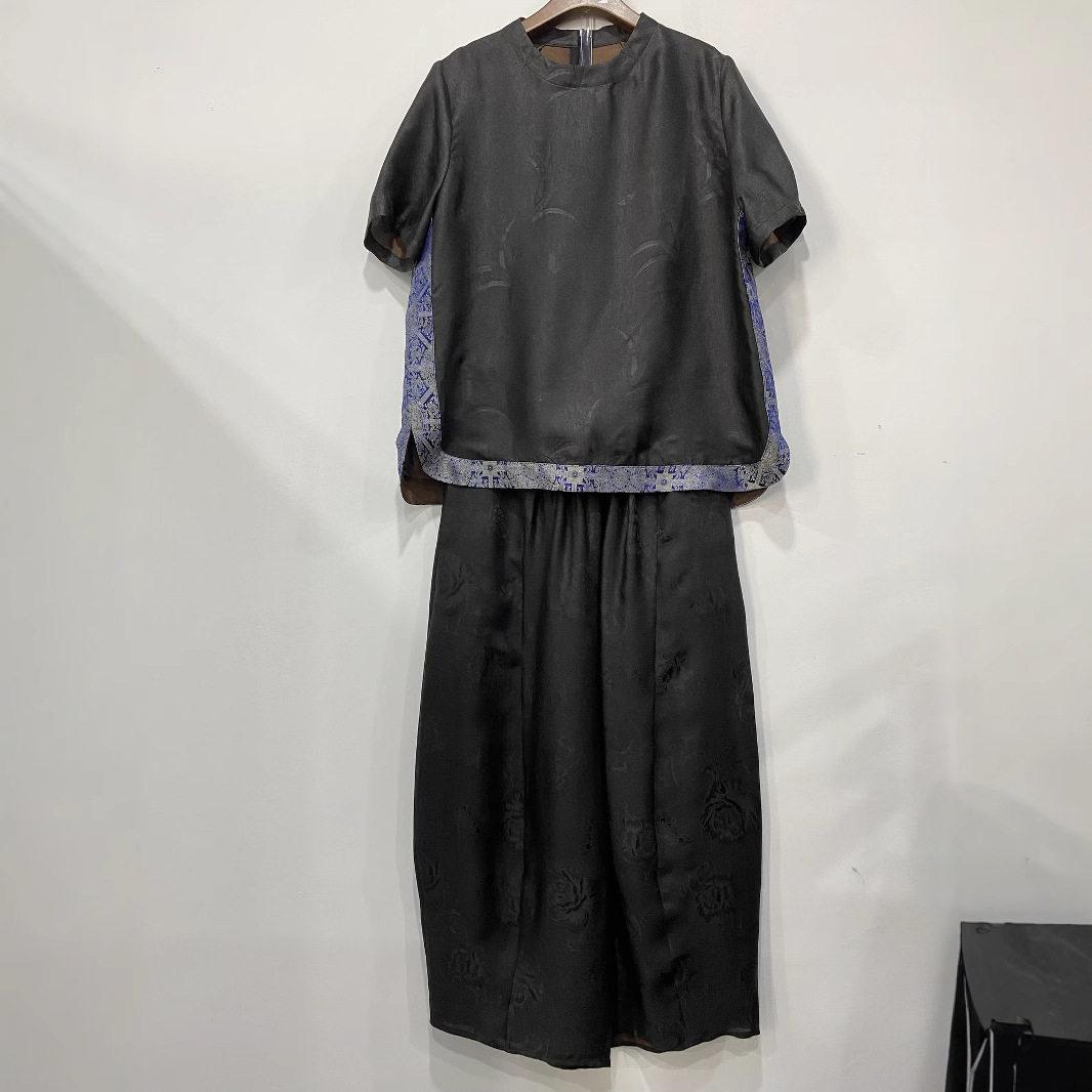 兰庭-顺德香云纱花萝短袖女士夏 新品小众复古国风拼接透气上衣潮