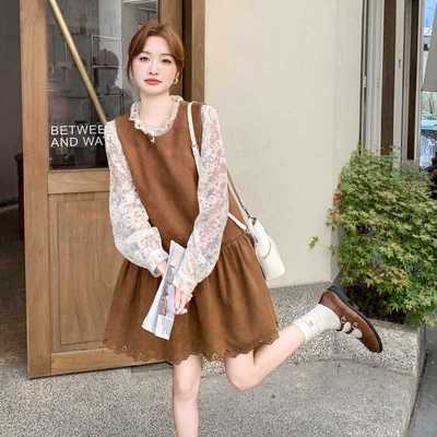 咖色复古小个子花边背心连衣裙套装女2025早秋新款蕾丝内搭