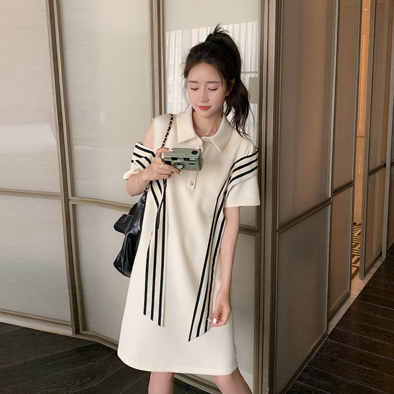 实拍polo领露肩连衣裙女夏小个子设计感小众休闲显瘦法式甜辣t恤