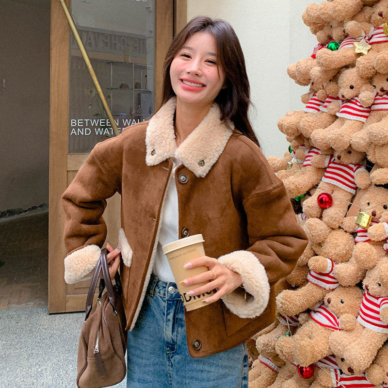韩系复古风皮毛一体外套女2025冬季加厚两面穿毛领短款夹克加厚