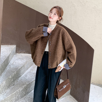实拍焦糖色格纹拼接毛呢外套2025冬时尚小个子宽松显瘦减龄