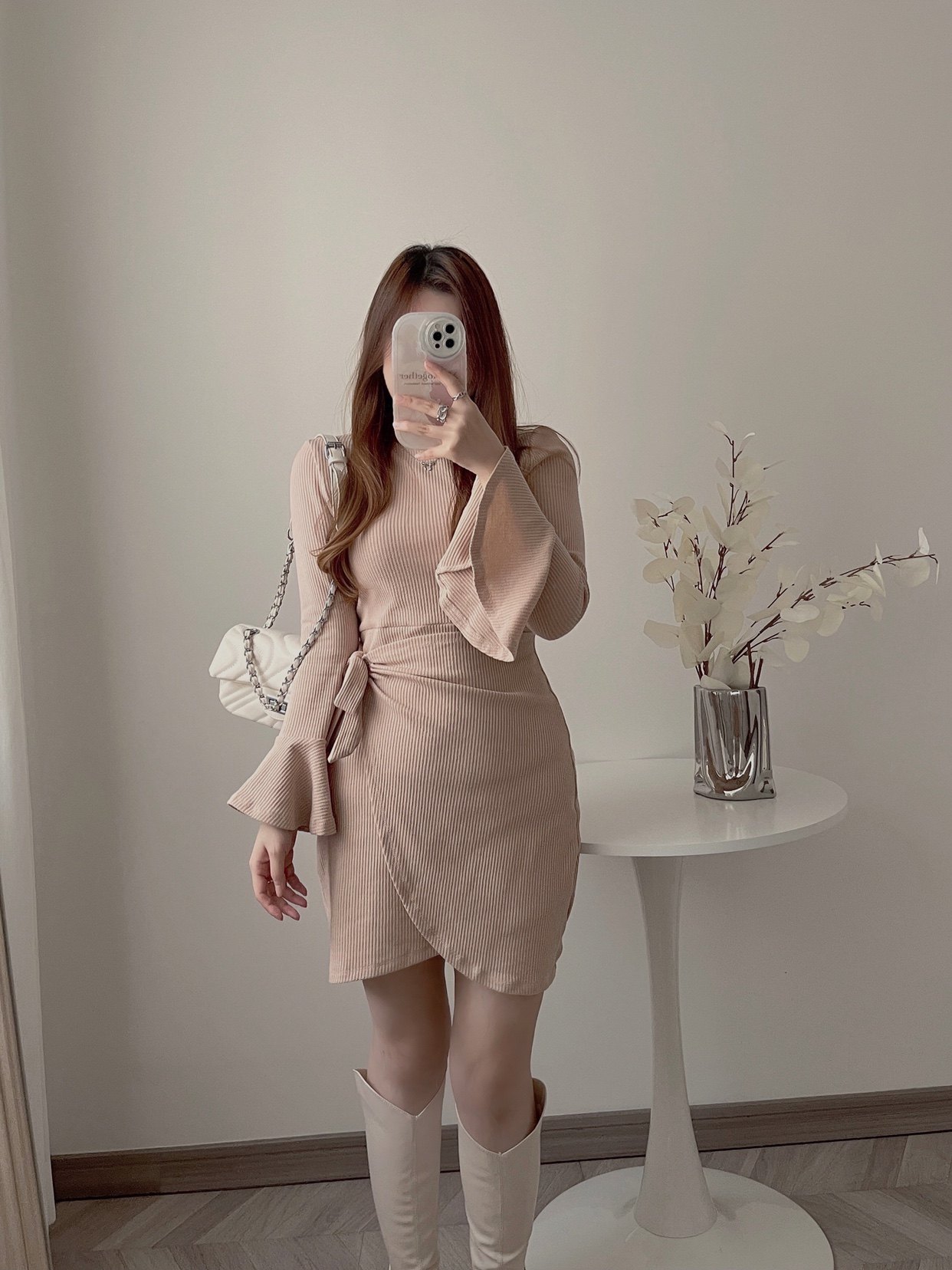 SFANG 纯欲性感收腰显瘦绑带喇叭袖遮肚子甜美粉色连衣裙微胖mm