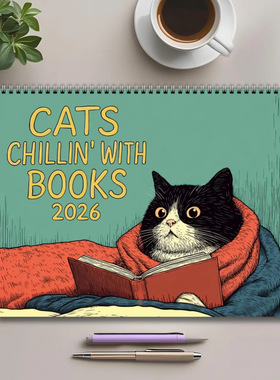 新品2026年卡通咖啡猫日历Cat Chillin With Coffee看书猫挂历