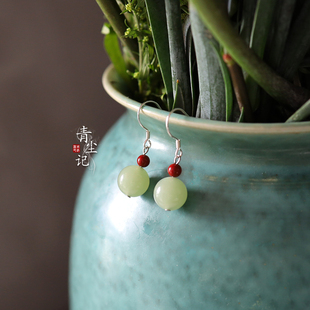 青尘记【时雨】东陵玉珠朱砂925银耳钩环耳夹古风古典百搭旗袍女