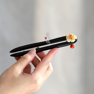 簪之韵[好柿将至]深海黄碟贝花柿柿如意发饰盘发簪子U型双钗檀木