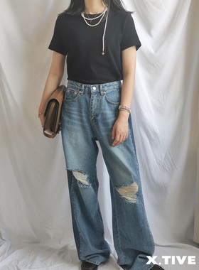 X.TIVE | Korea韩国进口女装拼接破洞牛仔裤街头ins帅气直筒宽腿