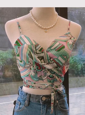 X.TIVE 韩国进口背心吊带彩色度假风印花仿丝绸料一片包裹式绑带