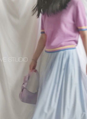 X.TIVE 秋冬系列针织衫女撞色圆领条纹肌理感全羊毛品质短袖上衣