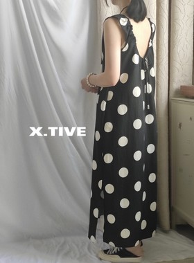 X.TIVE | Korea韩国进口棉麻料大波点无袖连衣裙前后两穿气质长款