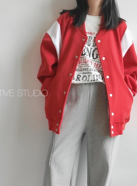 X.TIVE 韩国东大门进口女装红色棒球服外套撞色宽松休闲夹克卫衣