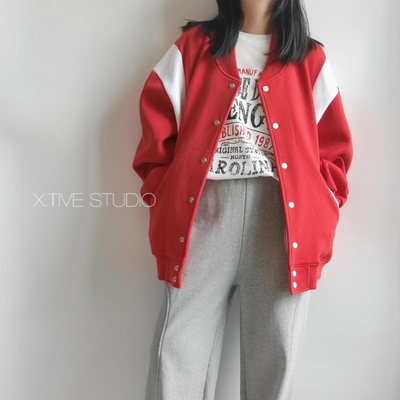 撞色宽松红色棒球服休闲夹克