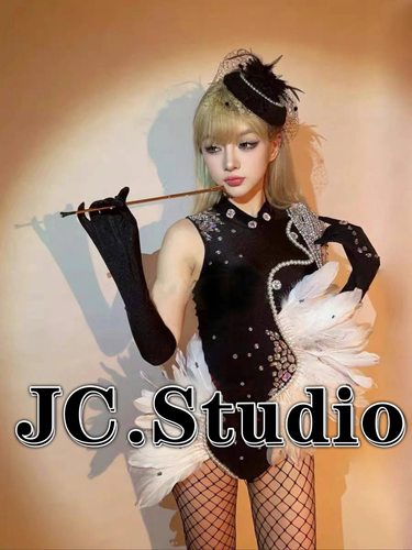 黑色复古赫本闪亮羽毛旗袍钻衣夜店酒吧gogo.ds演出服