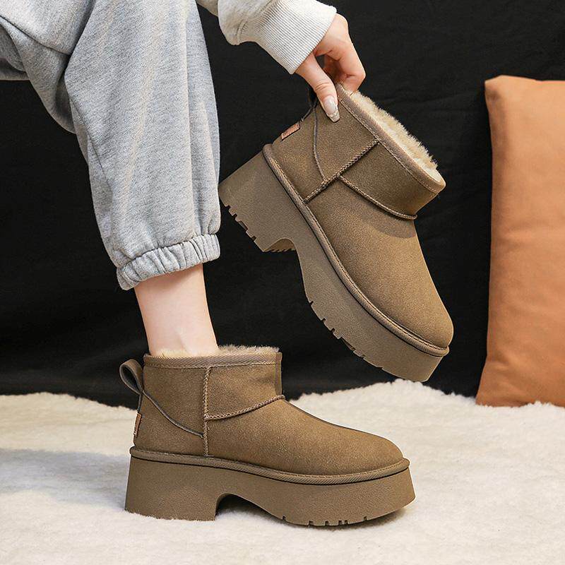 冬季粗跟厚底人鱼款小个子皮毛一体雪地靴女保暖坡跟鞋增高短筒靴